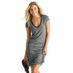 Athleta Topanga T-Shirt Dress Gray Striped Stretch Ruched Sides XS